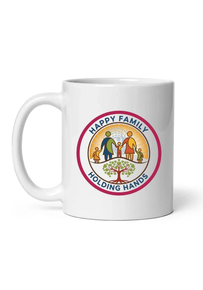 Hrnek Šťastná Rodina Držící Se Za Ruce U Stromu Lásky A Jednoty