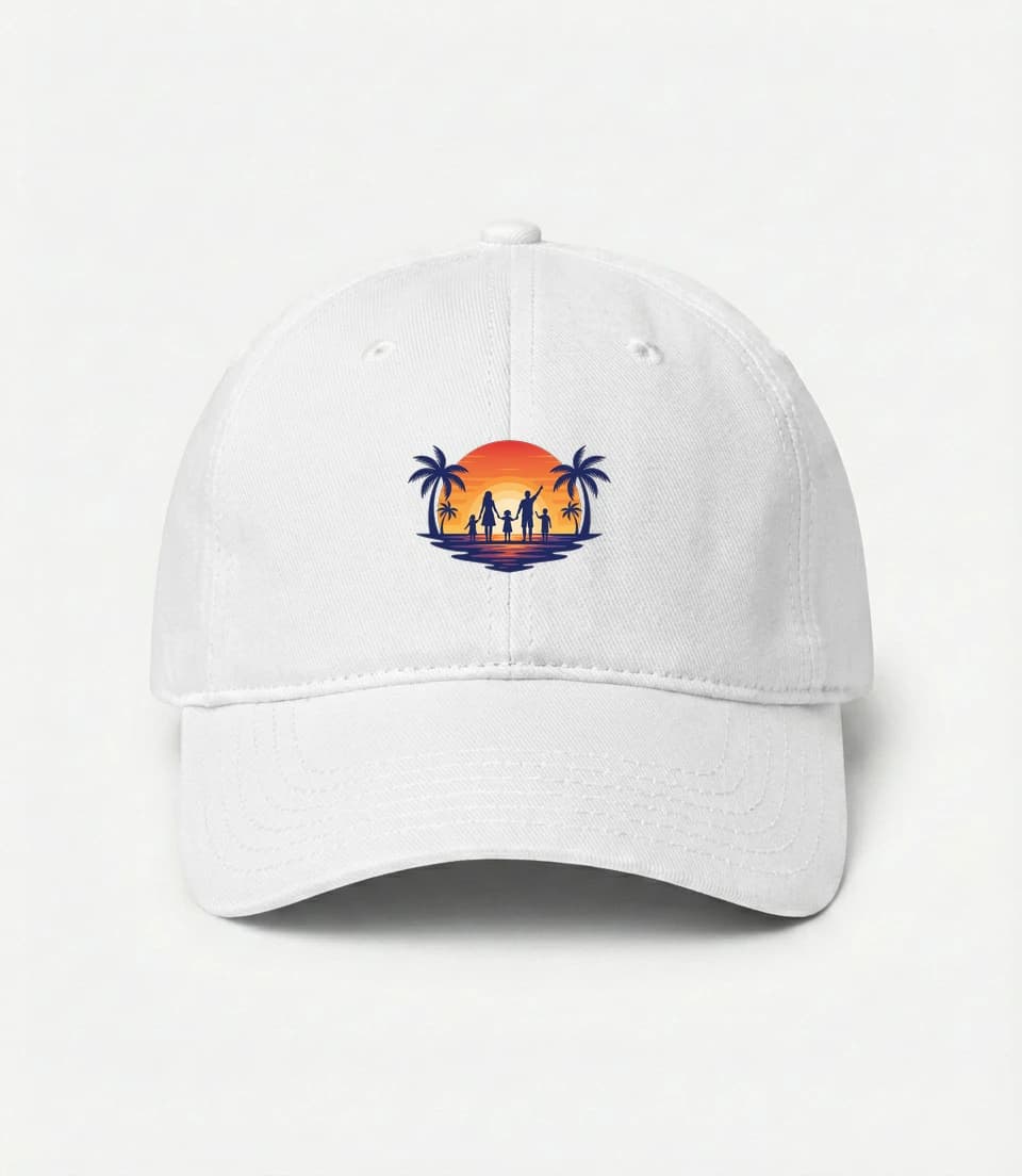 Kšiltovka Rodinná Silueta U Západu Slunce Na Pláži S Palmami