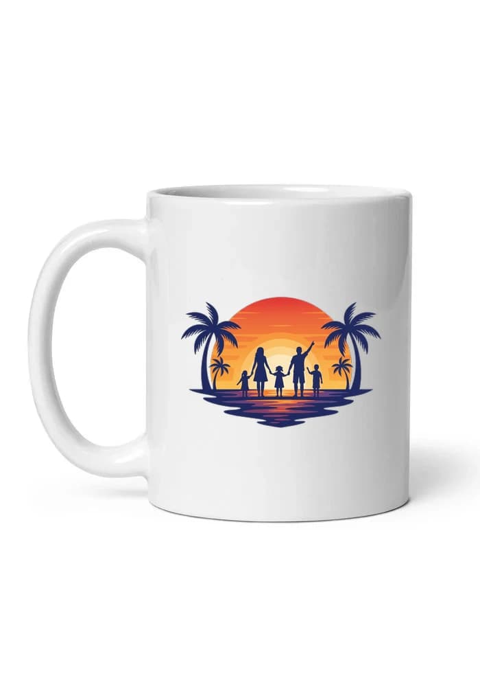 Hrnek Rodinná Silueta U Západu Slunce Na Pláži S Palmami