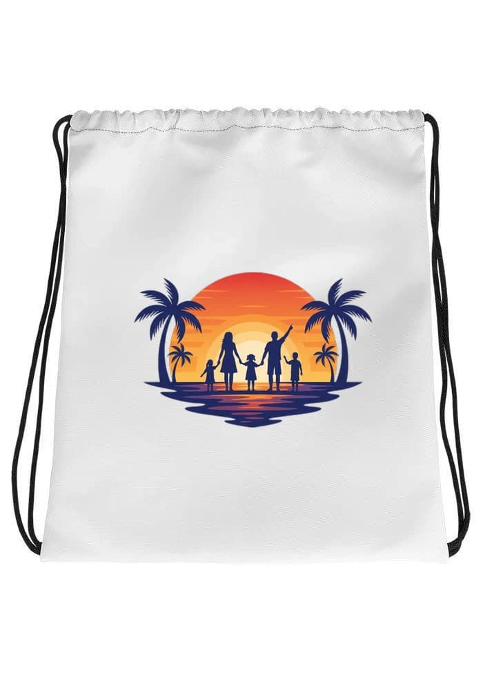 Stahovací vak Rodinná Silueta U Západu Slunce Na Pláži S Palmami