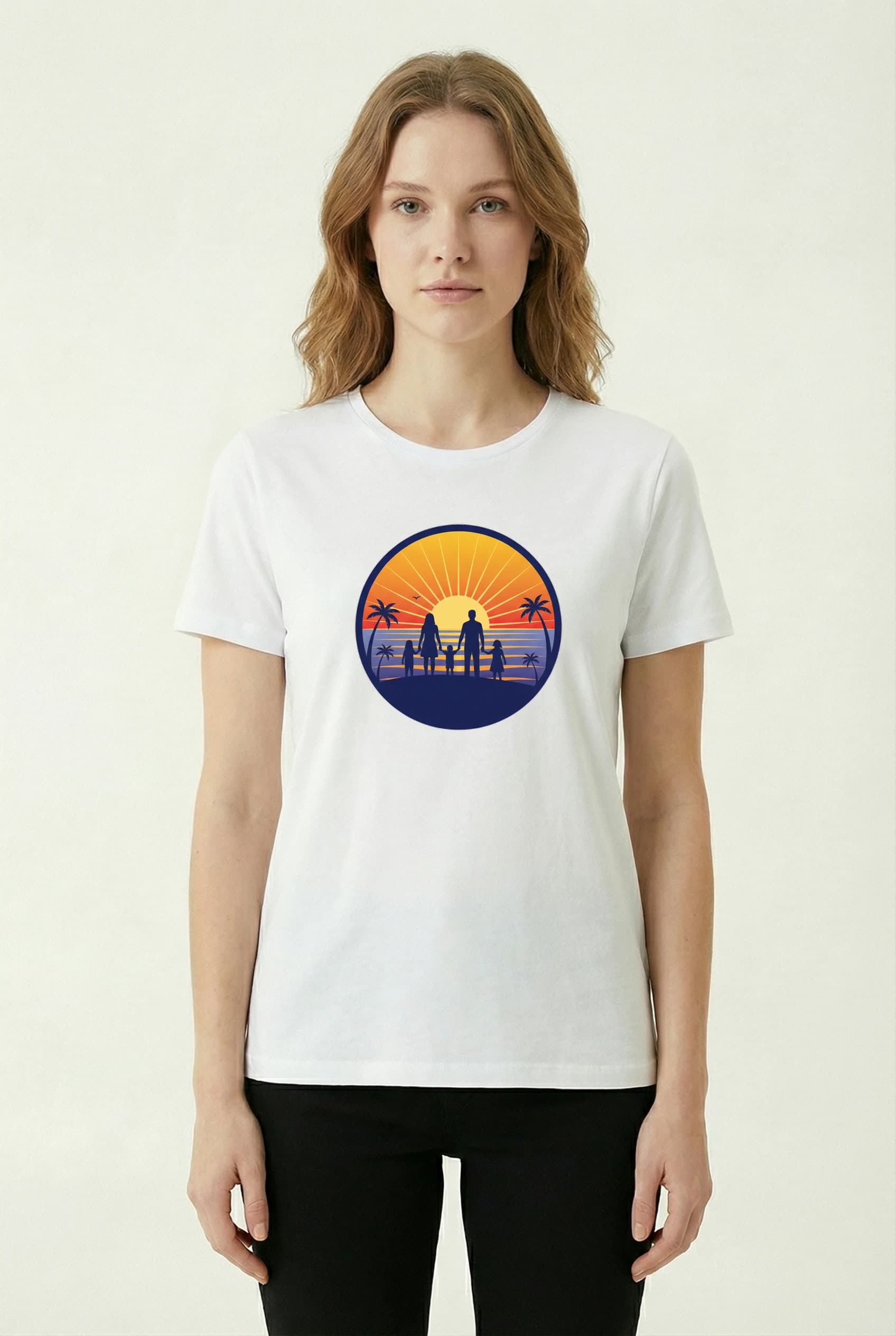 Dámské tričko Silueta Rodiny U Moře Při Zlatém Západu Slunce