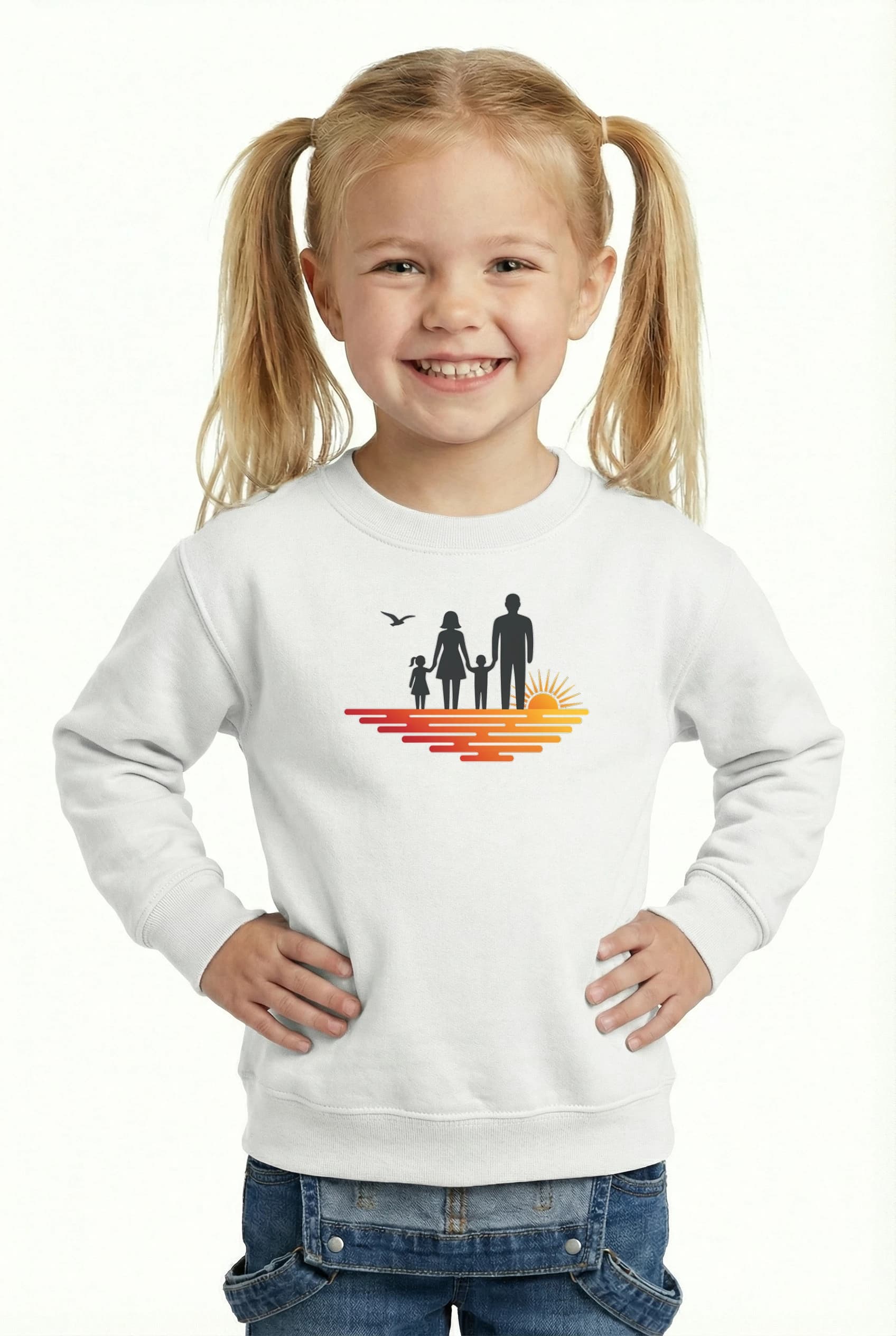 Dětská mikina Silueta Rodiny U Západu Slunce Na Pláži Společné Vzpomínky