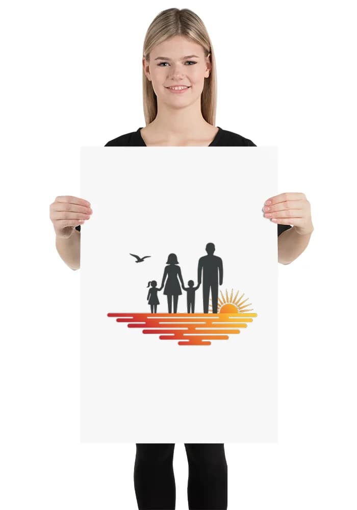 Plakát Silueta Rodiny U Západu Slunce Na Pláži Společné Vzpomínky