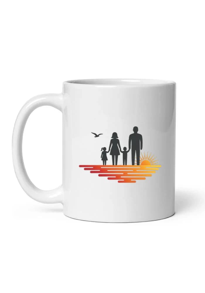 Hrnek Silueta Rodiny U Západu Slunce Na Pláži Společné Vzpomínky