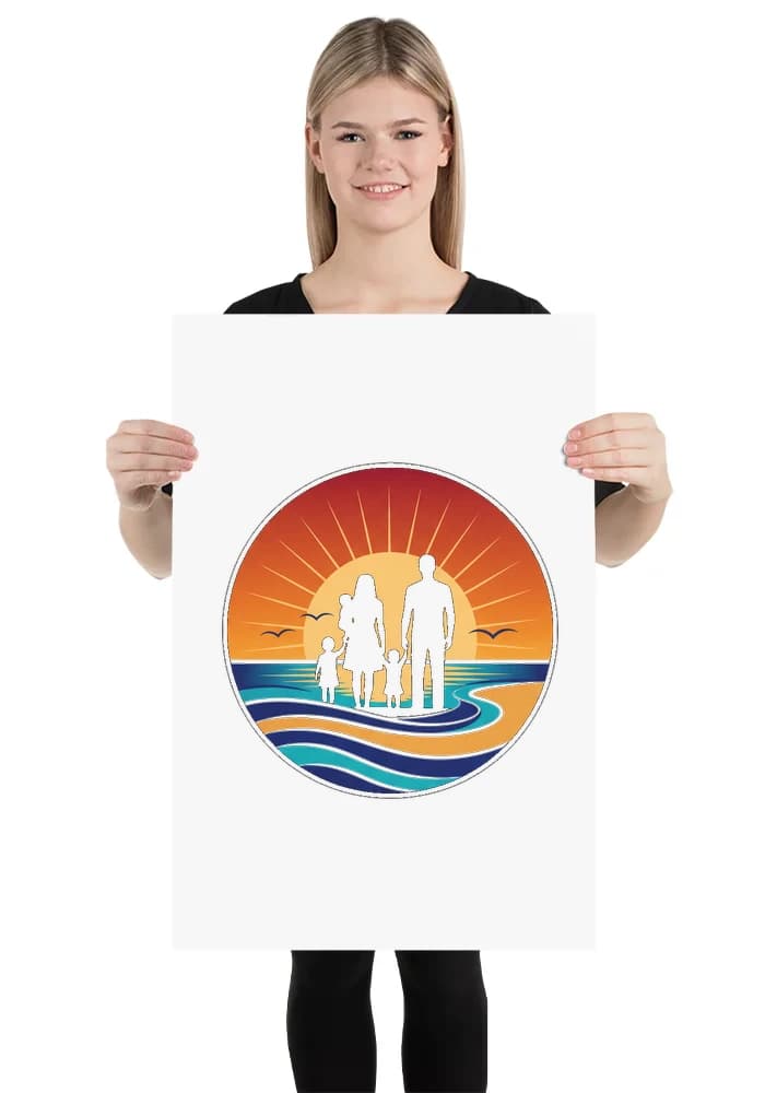 Plakát Rodinné Chvíle U Moře Při Zlatém Západu Slunce