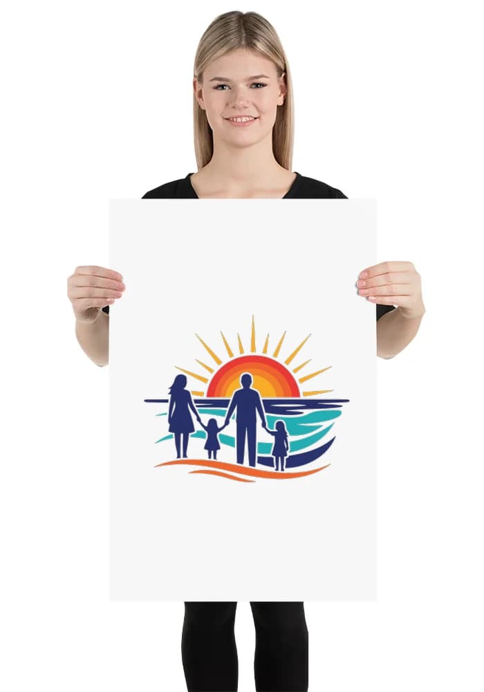 Plakát Rodinná Silueta U Moře Při Západu Slunce Společné Vzpomínky Navždy