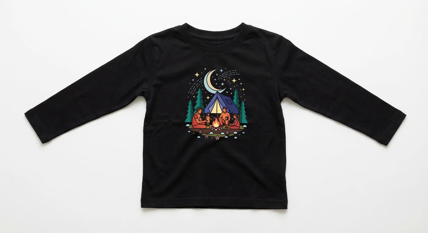 Dětské tričko s dlouhým rukávem Rodinné Dobrodružství Pod Hvězdnou Oblohou Táborák Stan A Měsíc