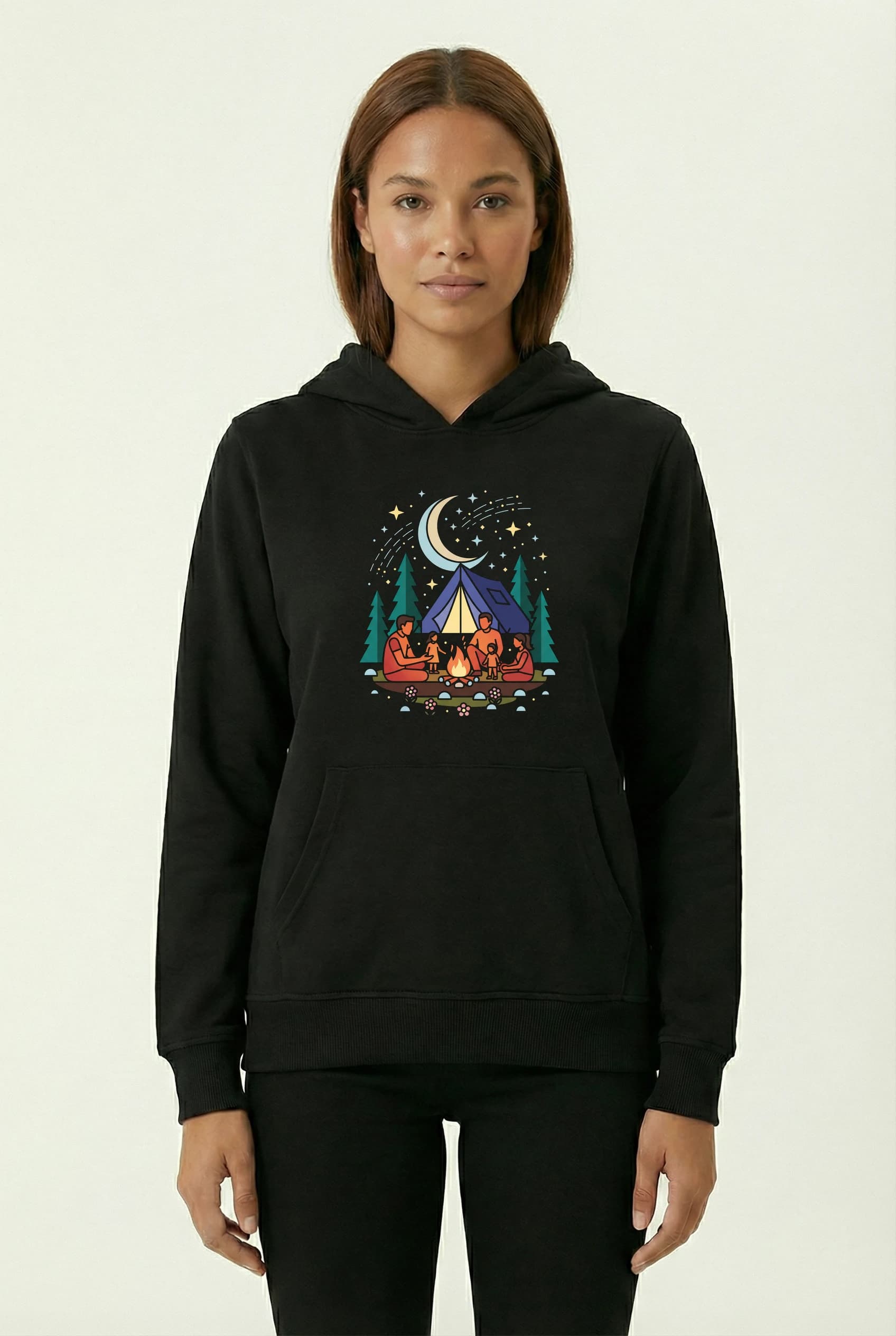 Mikina s kapucí Rodinné Dobrodružství Pod Hvězdnou Oblohou Táborák Stan A Měsíc