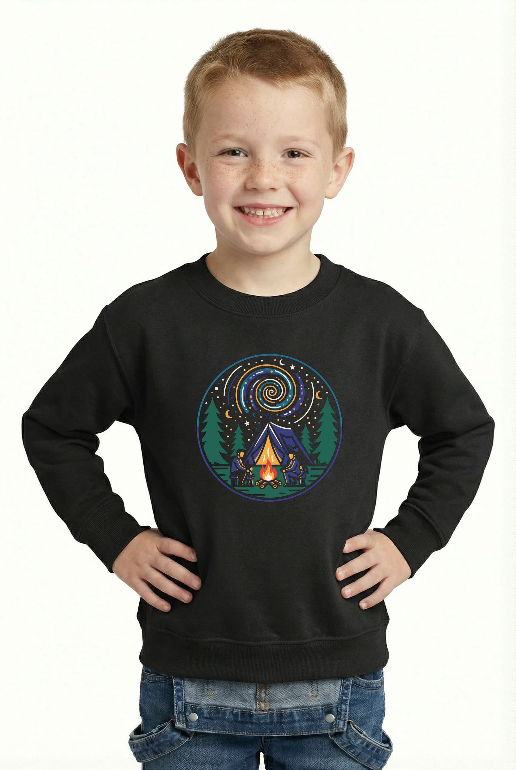 Dětská mikina Rodinné Kempování Pod Hvězdnou Spirálou Stan Oheň A Dětské Dobrodružství