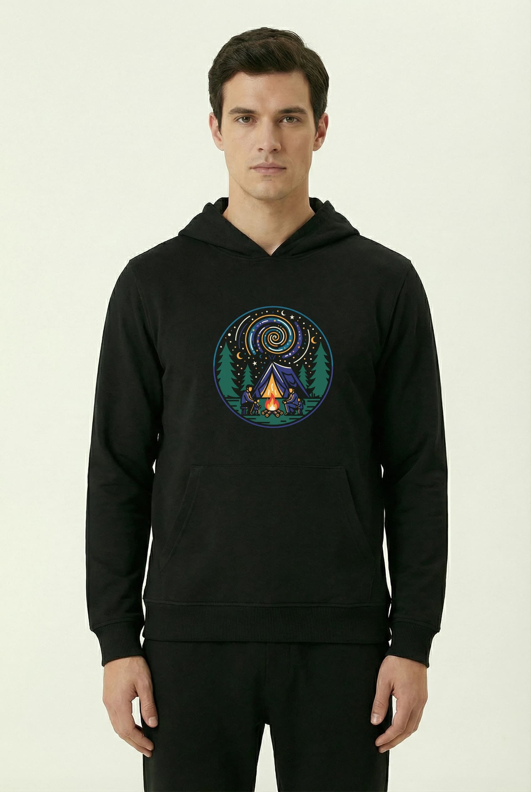 Pánská mikina s kapucí Rodinné Kempování Pod Hvězdnou Spirálou Stan Oheň A Dětské Dobrodružství