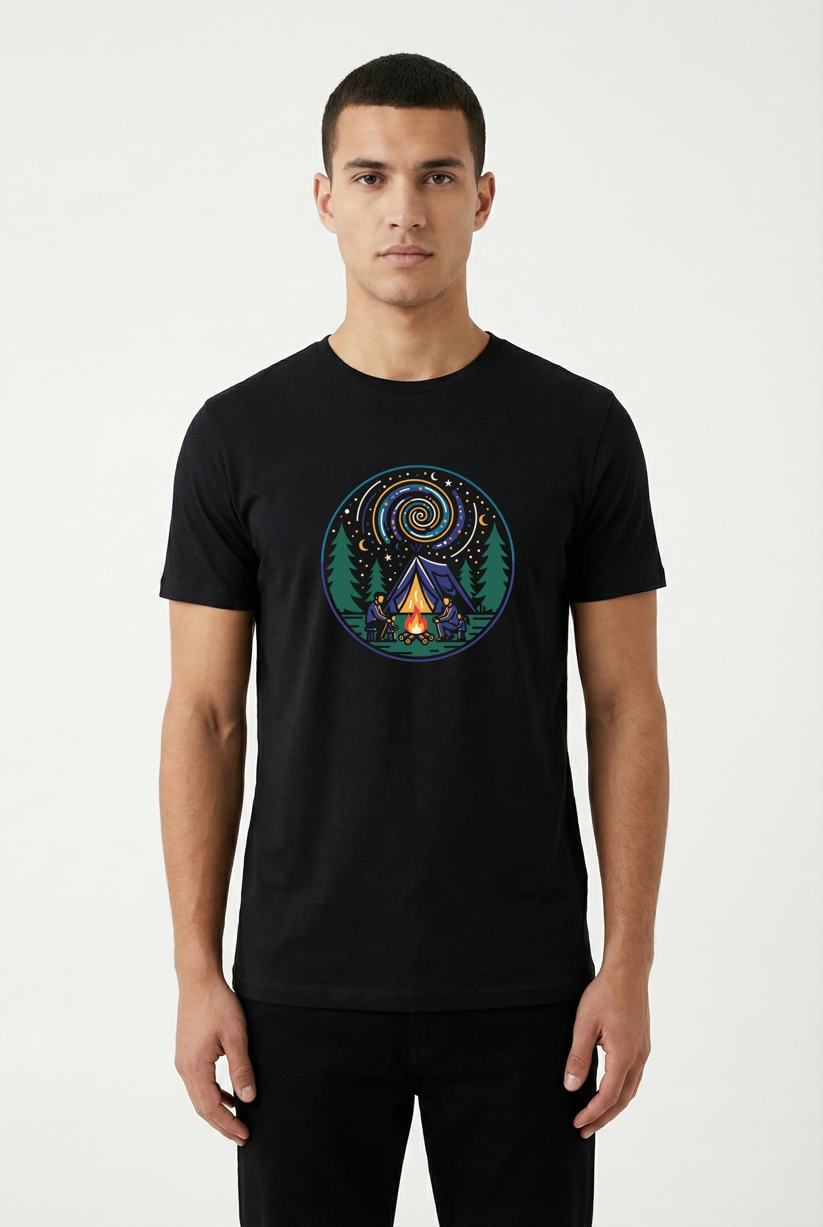 Pánské tričko Rodinné Kempování Pod Hvězdnou Spirálou Stan Oheň A Dětské Dobrodružství