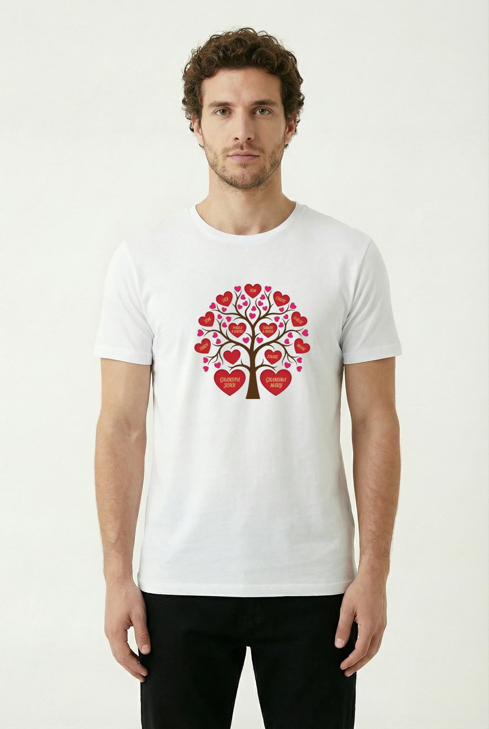 Pánské tričko Rodinný Strom Se Srdci A Jmény Personalizovaná Vzpomínka Lásky Na Míru