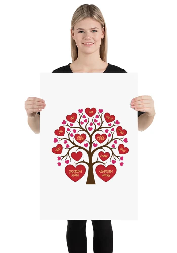 Plakát Rodinný Strom Se Srdci A Jmény Personalizovaná Vzpomínka Lásky Na Míru