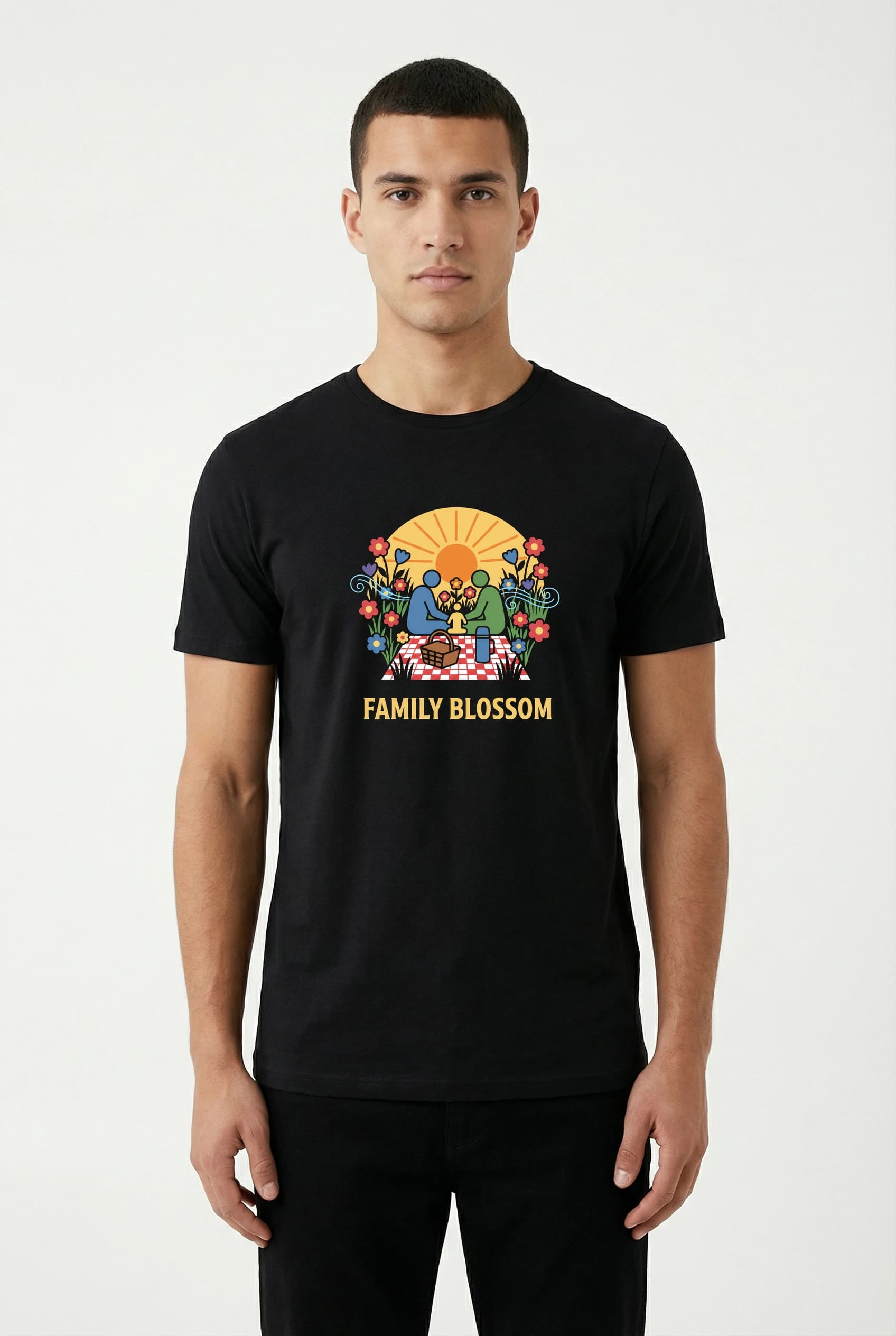 Pánské tričko Rodinný Piknik Na Květinové Louce Při Západu Slunce