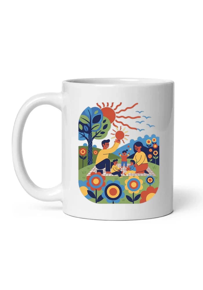 Hrnek Rodinný Piknik V Květinové Louce Slunce Smích A Barevná Pohoda