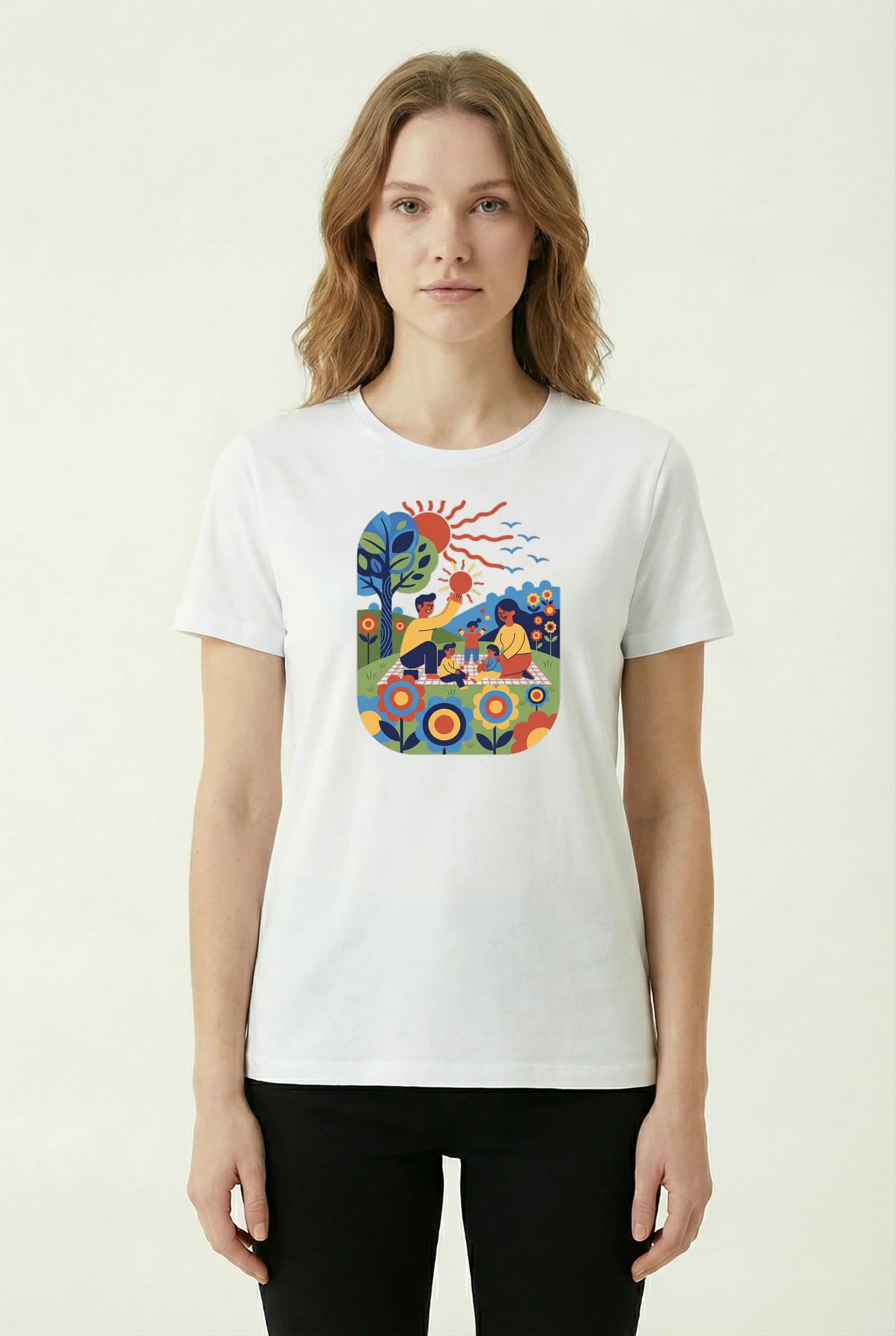 Dámské tričko Rodinný Piknik V Květinové Louce Slunce Smích A Barevná Pohoda