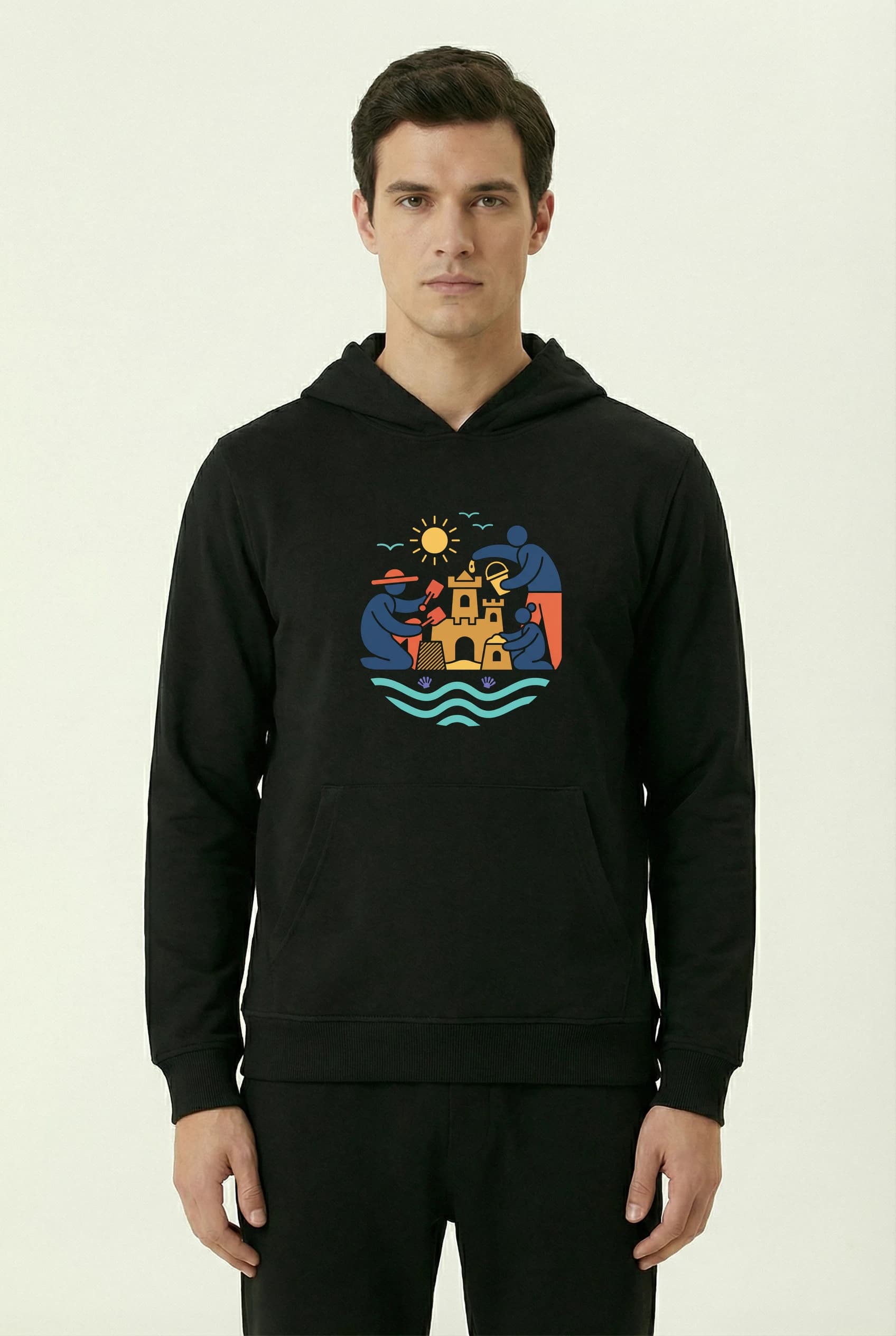 Pánská mikina s kapucí Slunečné Rodinné Stavění Pískových Hradů U Moře