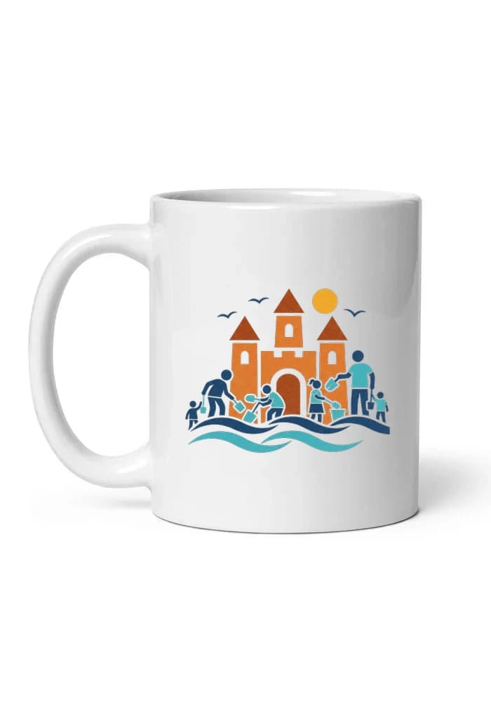 Hrnek Rodinné Stavění Písečného Hradu U Moře Letní Radovánky A Dobrodružství