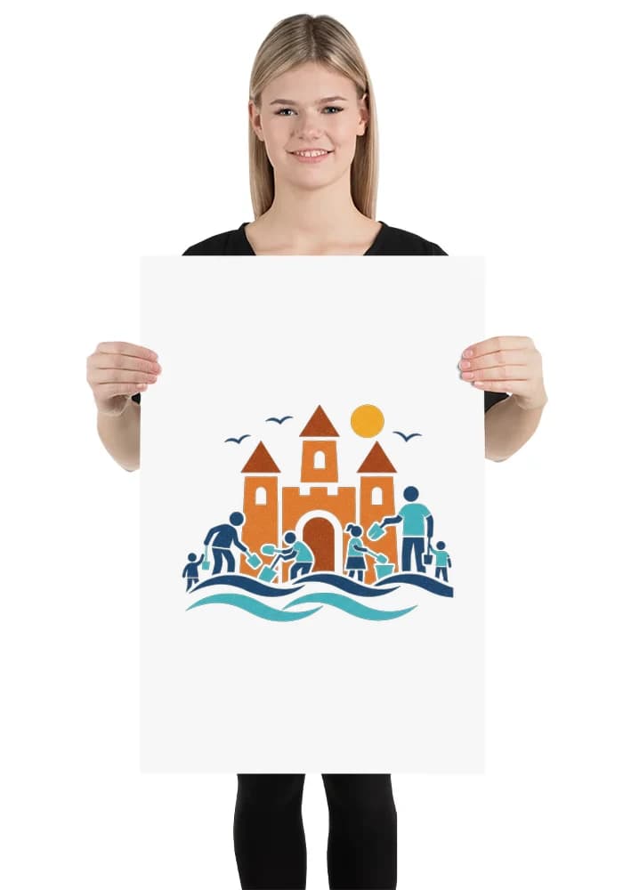 Plakát Rodinné Stavění Písečného Hradu U Moře Letní Radovánky A Dobrodružství